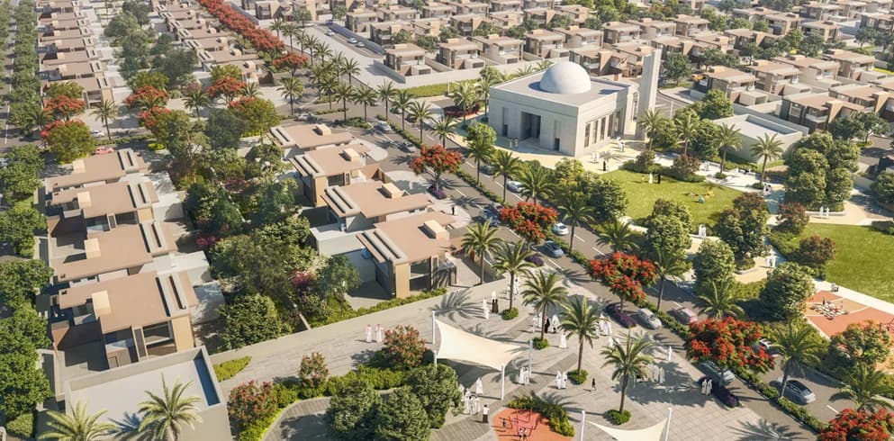 Aerial render of a landscaped villa community street in Huzoom Lusail